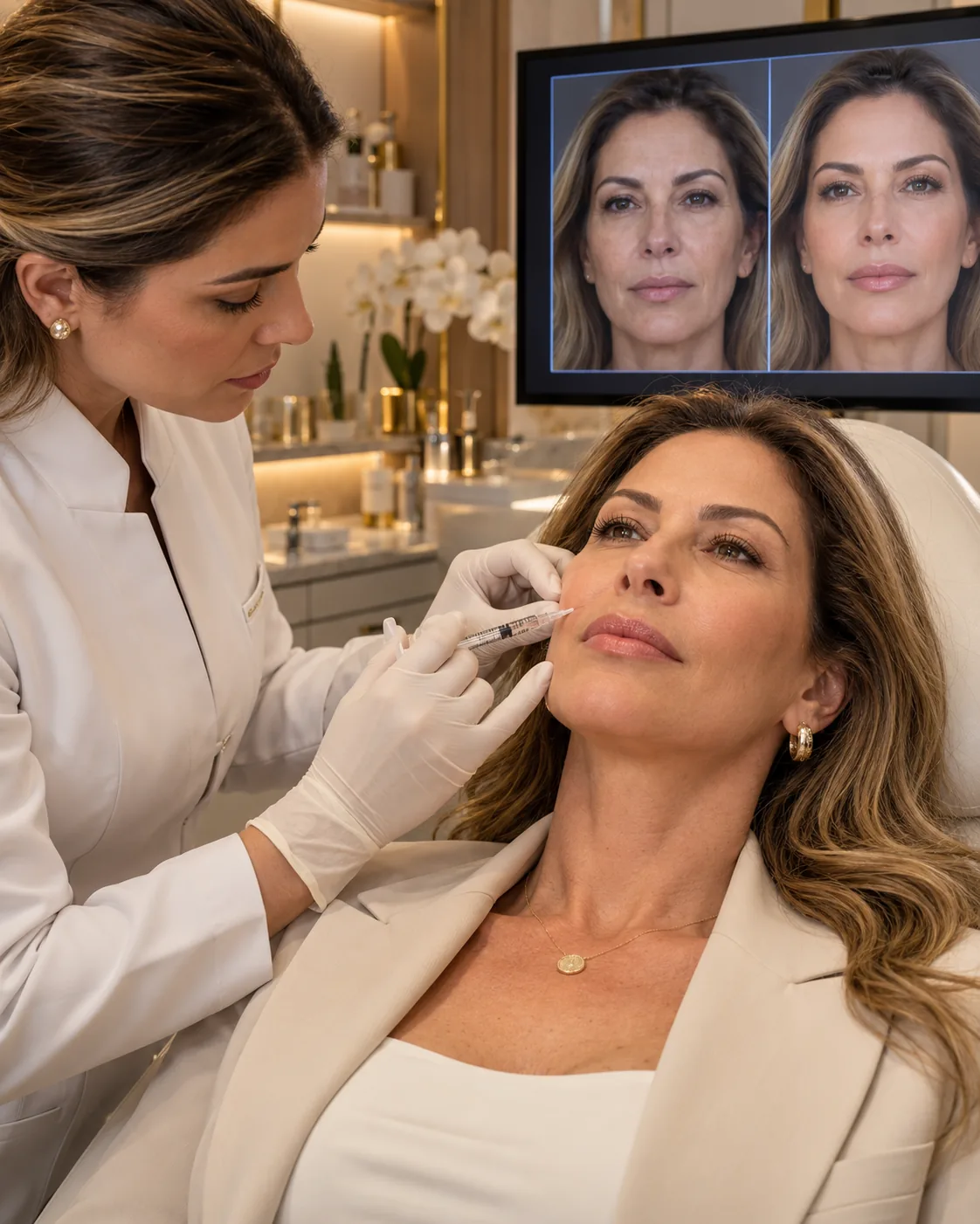 Atendimento de estética facial com ácido hialurônico em ambiente sofisticado