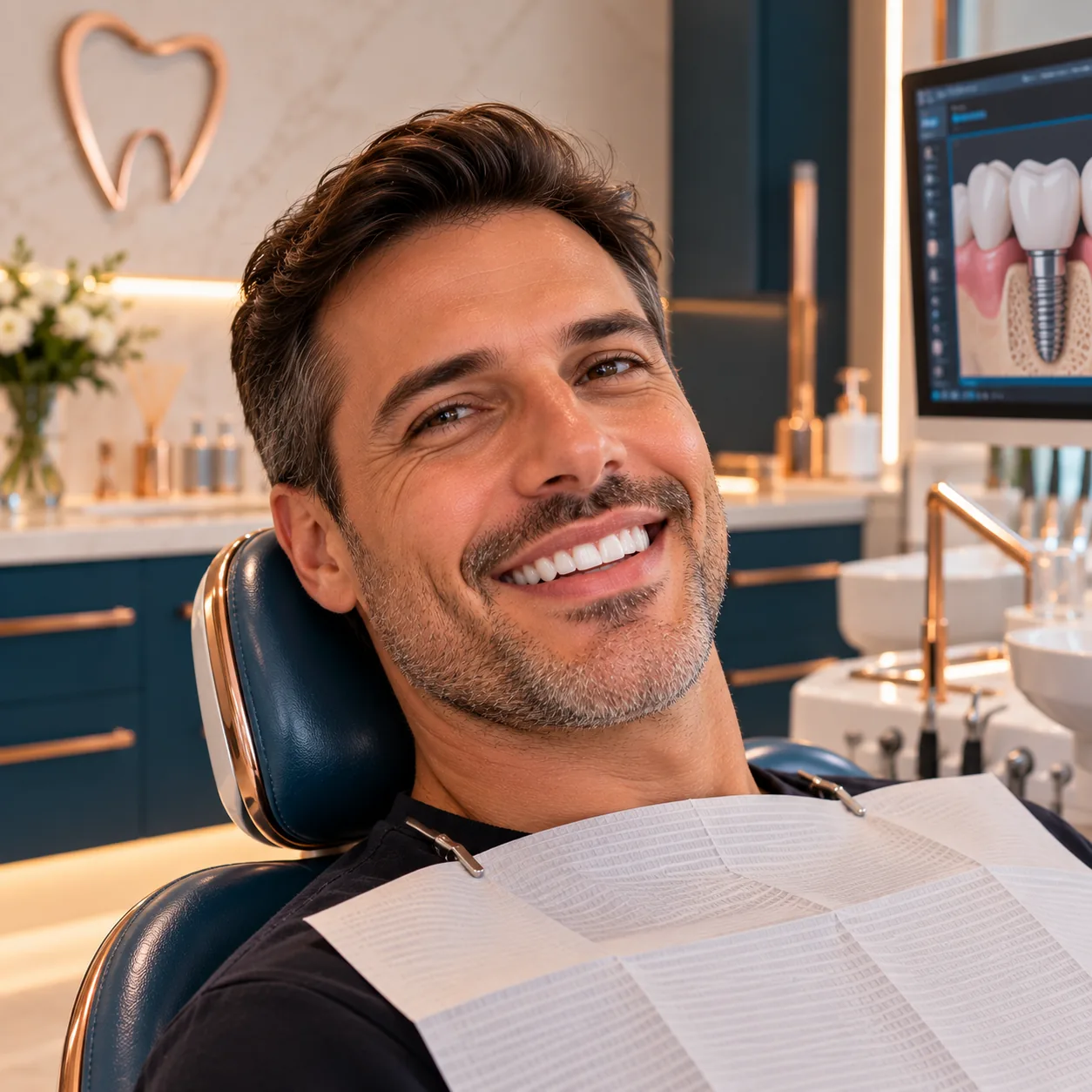 Paciente após reabilitação oral com implantes dentários